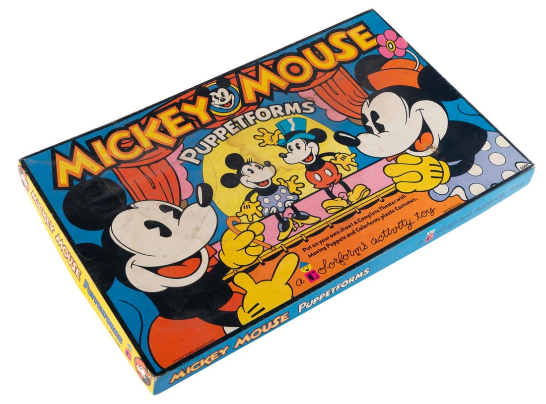 Mickey Mouse Colorforms Puppetforms.: (Colorforms, 1972) A Colorforms boxed playset of Mickey and Minnie Mouse Puppetforms, featuring character figures to play on the stage background with changeable clothes. Measuring 9.5" x 16" x 1",