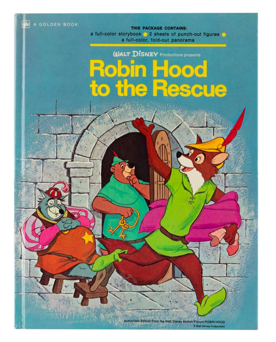 A Robin Hood to the Rescue Book with Punch-out Figures.: (Golden Press, 1973) A Robin Hood to the Rescue hardback book that includes two sheets of punch-out figures and a fold-out panorama castle background. Measuring 8.25" x 10.25", the book and extras