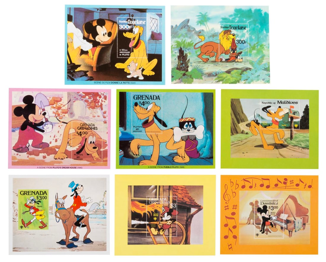 A Collection of 1980 Disney Character Stamps.: (Disney, 1980) A collection of eight Disney character stamps issued in 1980 from throughout the Caribbean. Each stamp is complete and unperforated in its original 4" x 5" image sheet. The set is in