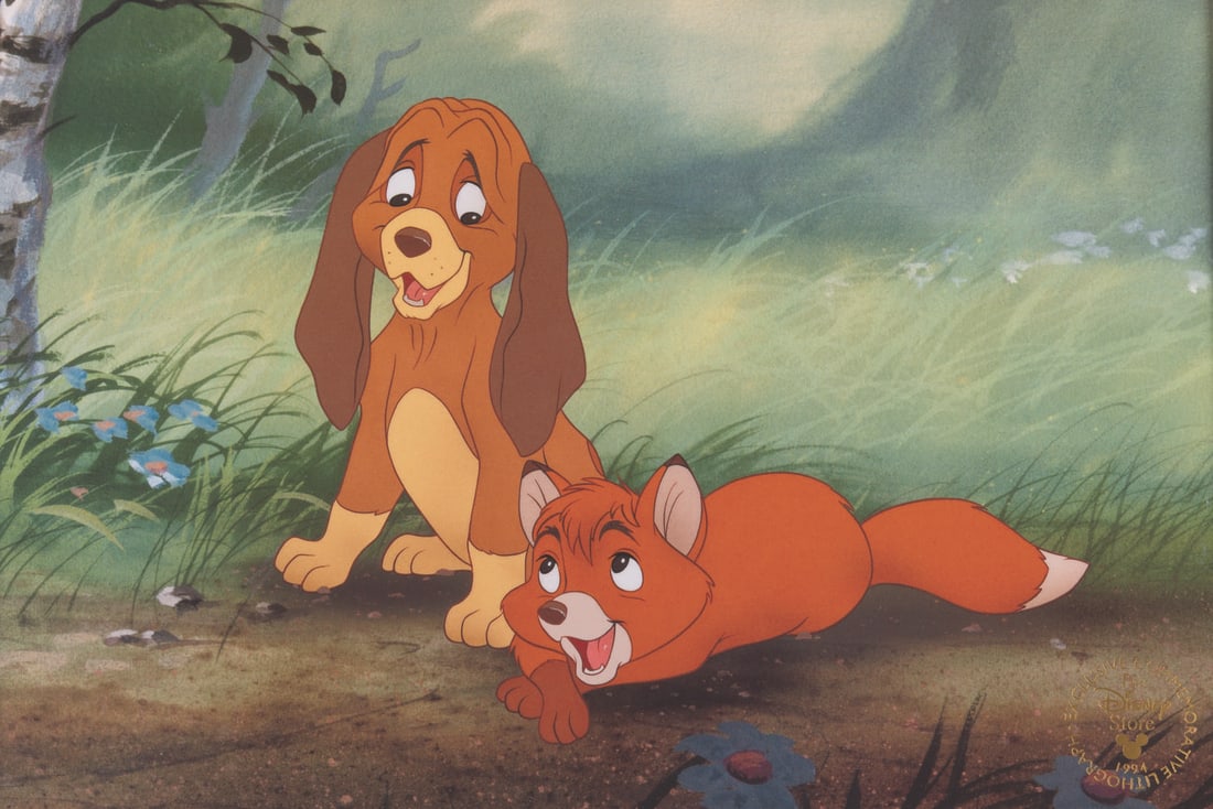 A "The Fox and the Hound" Commemorative Lithograph.: (Disney Store, 1994) A "The Fox and the Hound" lithograph available as a gift with purchase of the film's home video release at the Disney Store. Measuring 12" x 16", the lithograph is in very good