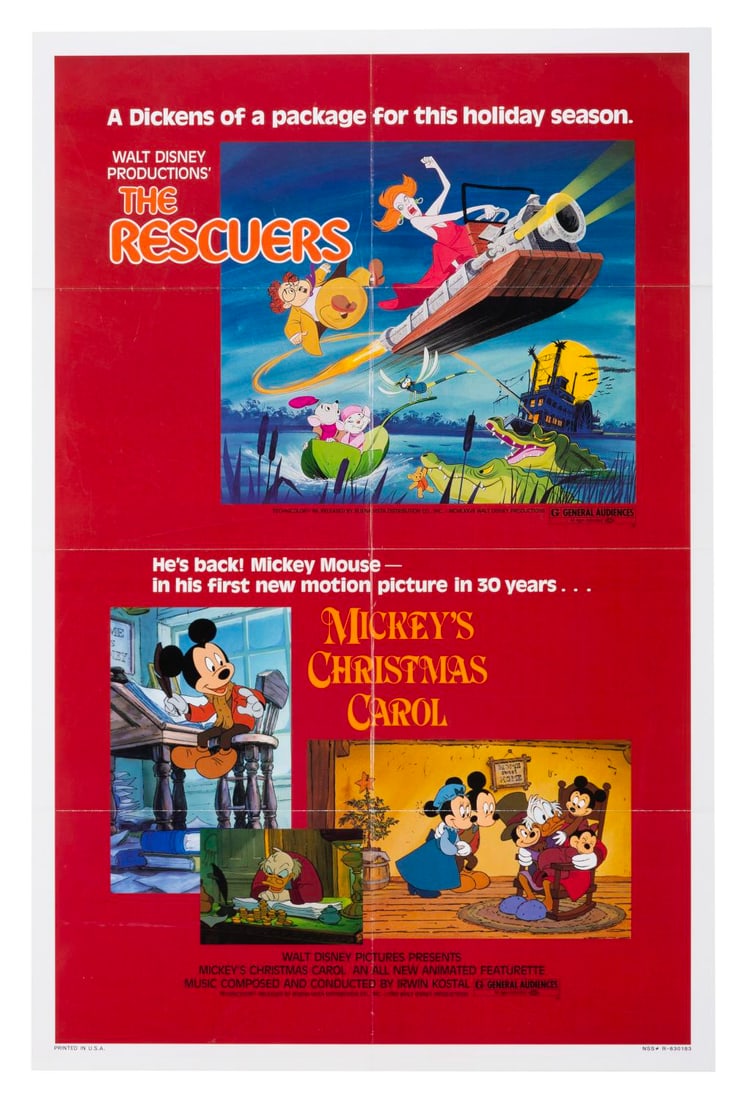 A "The Rescuers" and "Mickey's Christmas Carol" One-Sheet.: (Disney, 1983) An original one-sheet for the "The Rescuers" and "Mickey's Christmas Carol" double-bill release. Measuring 27" x 41", the poster displays in good condition with light edge wear and