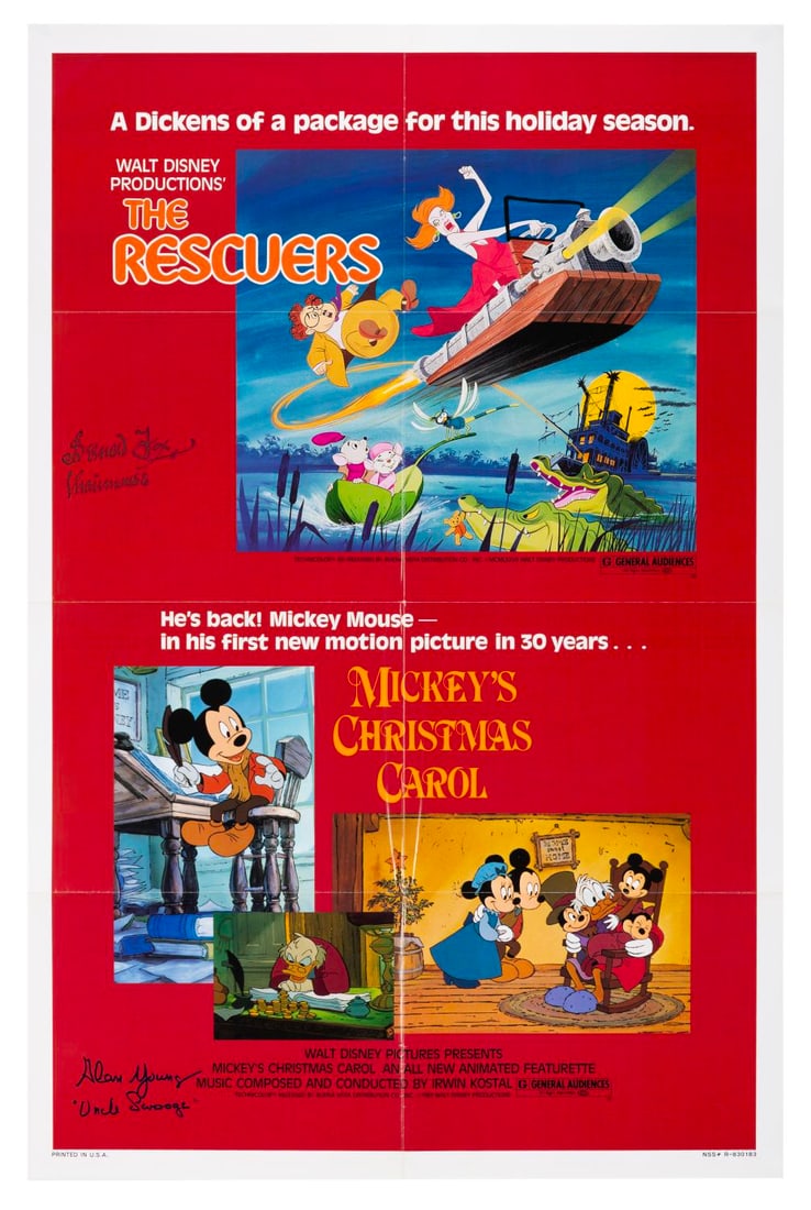 A Signed "Mickey's Christmas Carol" & "The Rescuers" One-Sheet.: (Disney, 1983) A multi-signed one-sheet for "The Rescuers" and "Mickey's Christmas Carol" double-bill release. The poster has been signed by Bernard Fox, the voice of Mr. Chairman in "The Rescuers,"