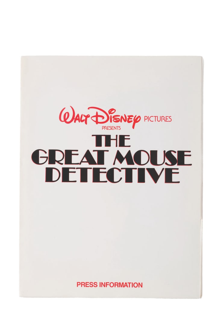 A "The Great Mouse Detective" Press Kit.: (Disney, 1986) A press kit for the animated feature film "The Great Mouse Detective." Included are a postcard, an invitation, a 42-page pressbook, and a sealed set of publicity photos, all in a