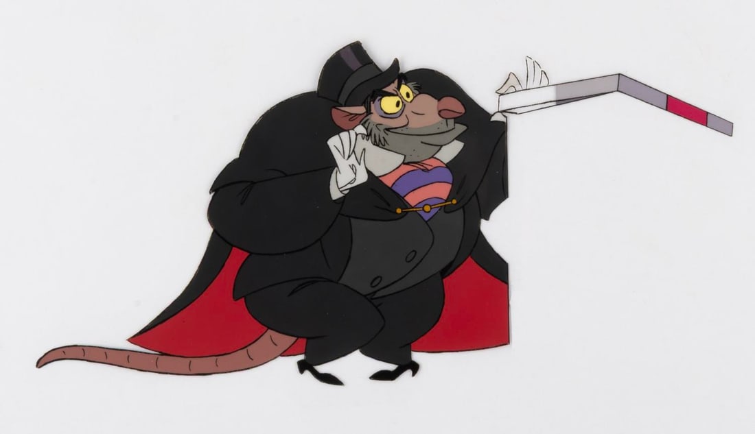 A "The Great Mouse Detective" Original Production Cel.: (Disney, 1986) An original production cel of Ratigan from the 1986 feature film, "The Great Mouse Detective." Ratigan's image size is 5.5" x 4" on an untrimmed 15.5" x 12.5" animation cel. The