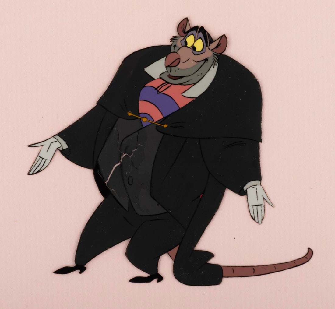 A "The Great Mouse Detective" Original Production Cel.: (Disney, 1986) An original production cel of Ratigan from the 1986 feature film, "The Great Mouse Detective." Ratigan's image size is 4" x 4" on an untrimmed 12.5" x 10.5" animation cel. The artwork