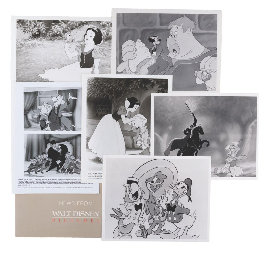 "Disney Magic: The Animated Features" 1986 LACMA Exhibition Photographs.: (Disney, 1986) Six press photos from Disney animated features with captions for the Los Angeles County Museum of Art exhibit "Disney Magic: The Animated Features" from July-September of 1986. The