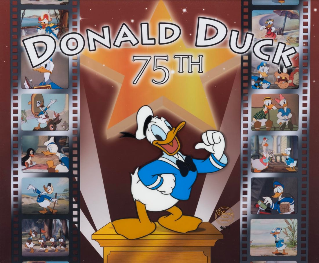 A Donald Duck 75th Anniversary Limited Edition Cel.: (Disney, 2009) A limited edition cel titled "Donald's 75th Anniversary," paired with a giclee background. Donald Duck has an image size of 4.5" x 5.5" on a 10.5" x 12.5" cel. The entire framed and