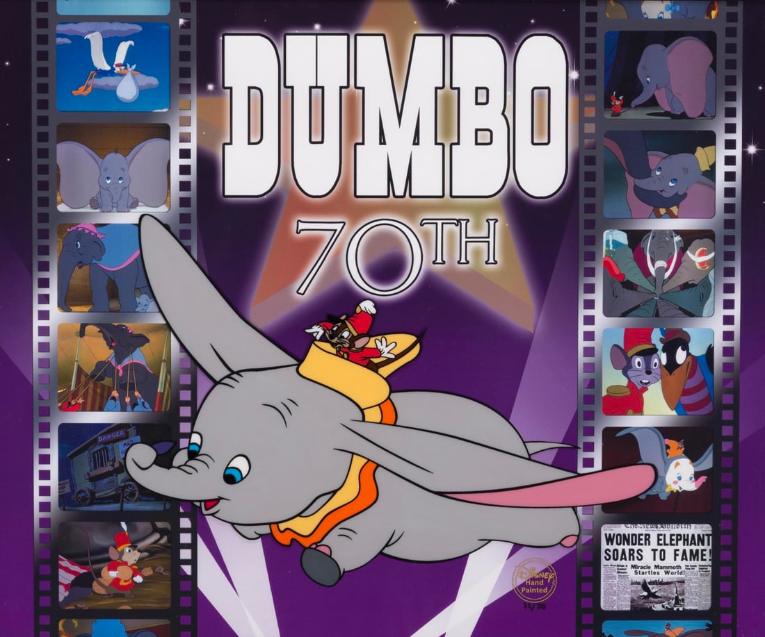 A "Dumbo" 70th Anniversary Limited Edition Cel.: (Disney, 2009) A limited edition cel titled "Dumbo's 70th Anniversary," paired with a giclee background. Dumbo has an image size of 6" x 8.5" on a 10.5" x 12.5" cel. The entire framed and matted