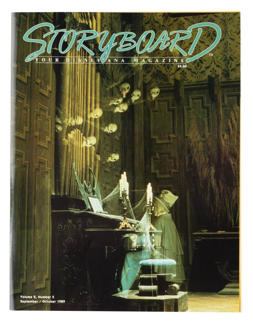 A 1989 Haunted Mansion Disneyana Magazine.: (Disney, 1989) A September/October 1989 issue of Storyboard, the Disneyana Magazine, with The Haunted Mansion's organist on the cover. Inside are articles on The Haunted Mansion, the making of "Mary