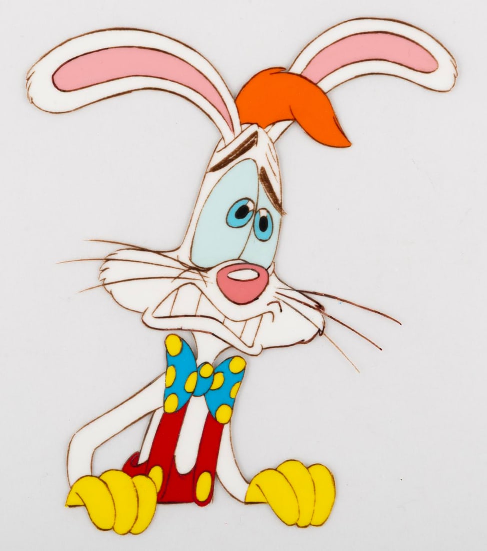 A "Who Framed Roger Rabbit" Original Production Cel.: (Disney, 1988) An original production cel of Roger Rabbit from the classic 1988 feature film, "Who Framed Roger Rabbit." Roger's image size is 4" x 5" on an untrimmed 17" x 12.5" animation cel. The