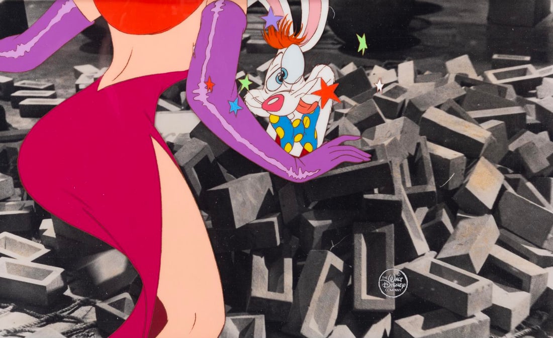 A "Who Framed Roger Rabbit" Original Production Cel.: (Disney, 1988) An original multi-layer production cel of Roger and Jessica Rabbit from "Who Framed Roger Rabbit." The characters have an image size of 8.25" x 9.25" on 10" x 14" cels. The entire