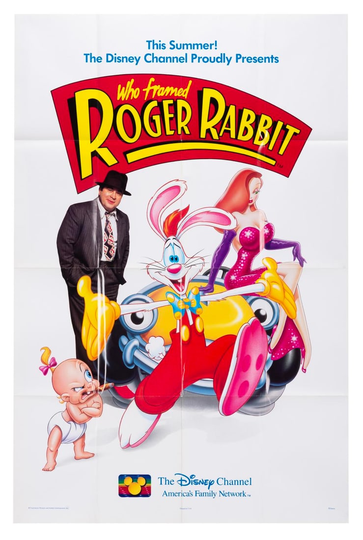 A "Who Framed Roger Rabbit" Disney Channel Poster.: (Disney, 1990) A poster for the June 1, 1990, television premiere of "Who Framed Roger Rabbit" on the Disney Channel. Measuring 27" x 41" the poster is in fine condition.