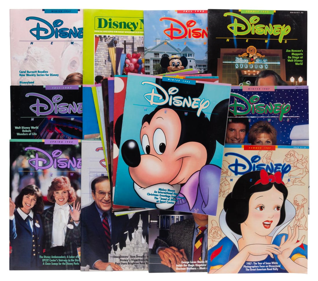 A Collection of 1980s-90s Disney News Magazines.: (Disney, 1985-90) Eighteen Disney News Magazines dating from Spring 1985 thru Fall 1990. Cover stories include George Lucas, Jim Henson, Cranium Command, and more. The magazines are in good to very