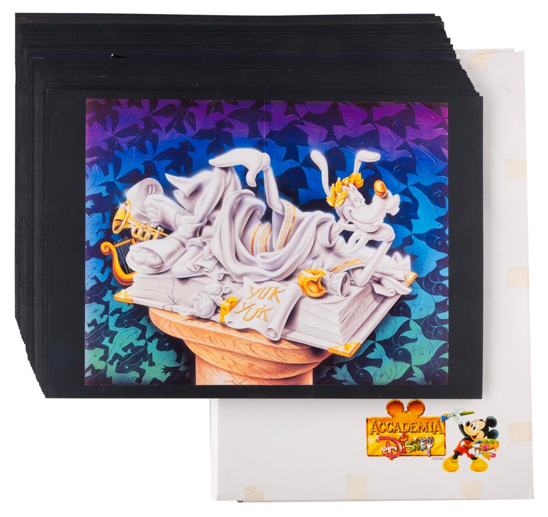 An Accademia Disney Print Portfolio.: (Disney, 1990s) A rare folder containing 52 pages of printed art concepts and artist photos from Accademia Disney in Italy. The program developed the next generation of Disney artists, whose designs