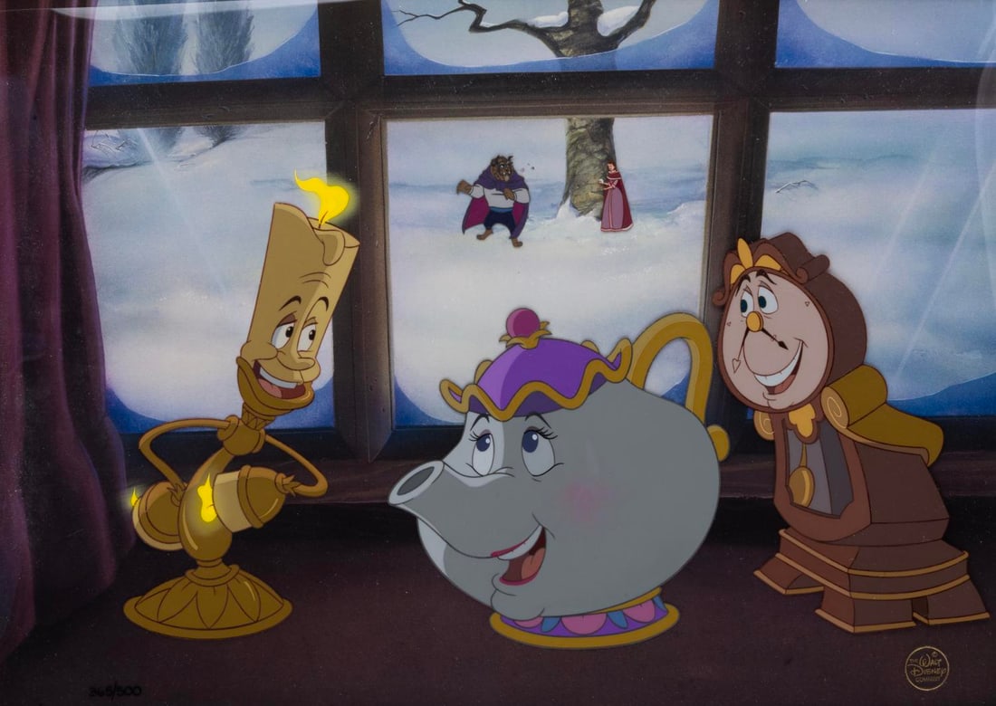 A "Beauty and the Beast" Hand-Painted Limited Edition Cel.: (Disney Art Editions,1992) A hand-painted limited edition 500 "Beauty and the Beast" cel featuring Lumiere, Mrs. Potts, and Cogsworth, with Belle and the Beast. With an image size of 11" x 15.5" in th