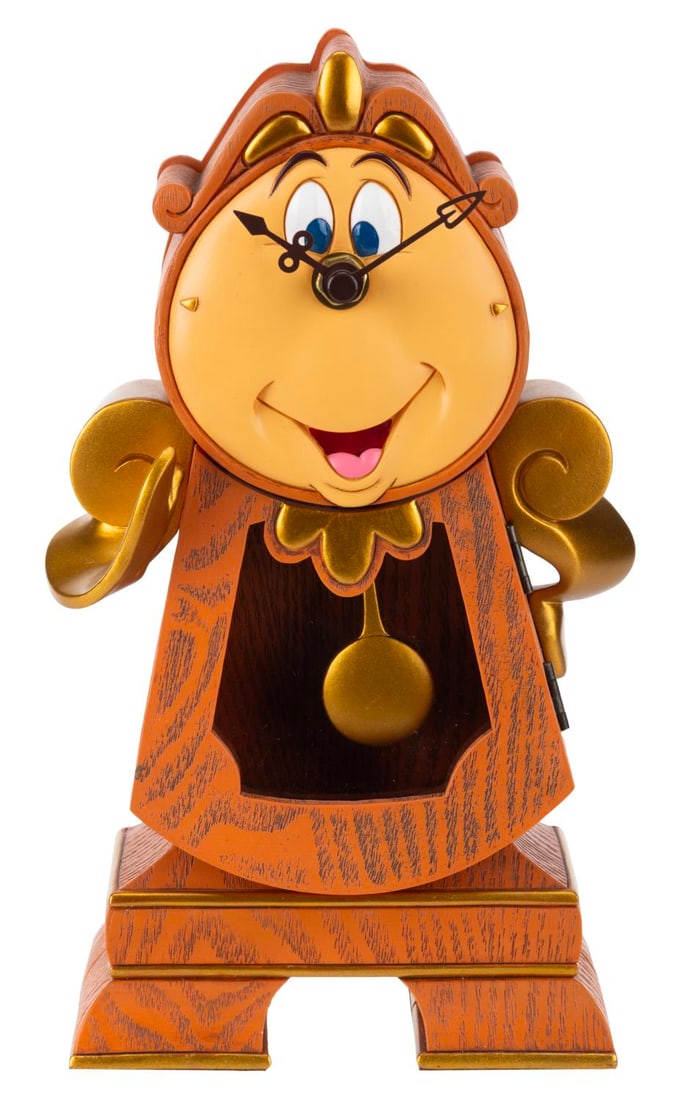 A "Beauty and the Beast" Cogsworth Figural Clock.: (Disney Parks, 2000s) A working figural clock of Cogsworth from "Beauty and the Beast" essentially life-sized. The pendulum clock requires one "AA" battery (not included) and functioned when tested.