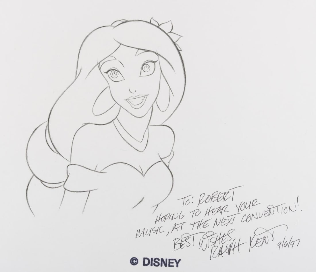 A Jasmine Drawing by Animator Ralph Kent.: (Disney, 1997) An original pencil drawing of Jasmine from Disney's "Aladdin" drawn and dedicated by Disney Legend Ralph Kent. The drawing, most likely for merchandising, was sold at a Disneyana conven