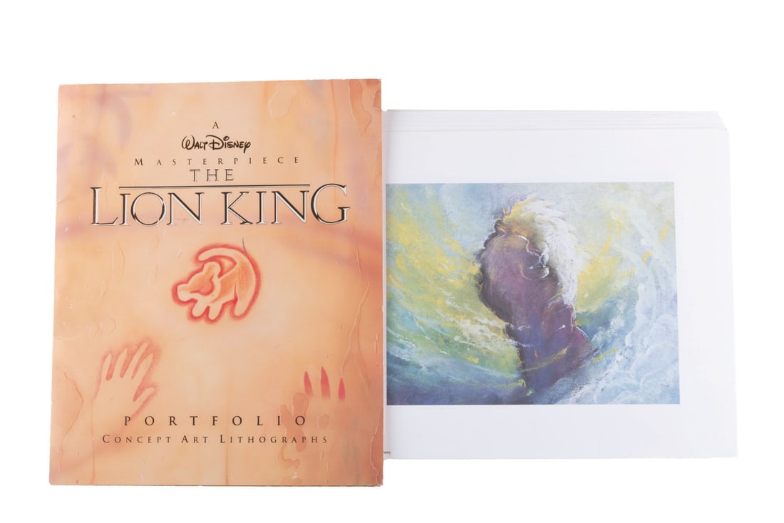A "The Lion King" Concept Art Lithos Portfolio.: (Disney, 1995) A portfolio of six "The Lion King" concept art lithographs, available only with the original deluxe VHS tape release of the film in 1995. The art sourced includes concept paintings and 