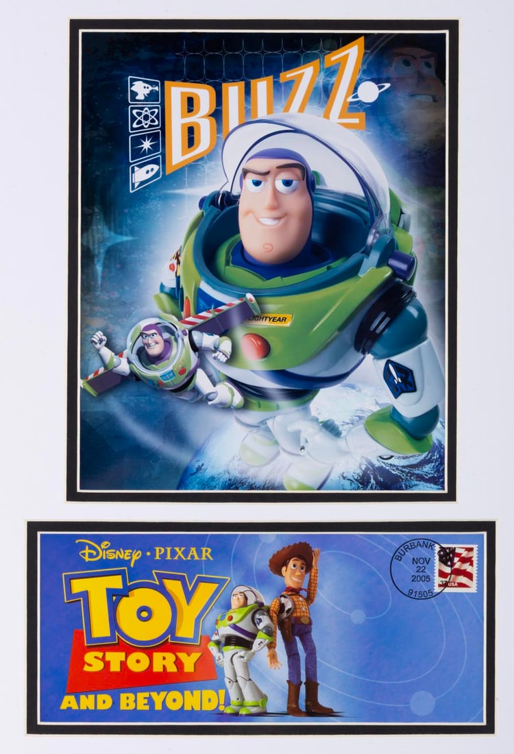 A "Toy Story" 10th Anniversary Postal Collectible.: (United States Postal Service, 2005) A display celebrating the 10th anniversary of "Toy Story" featuring a stamp cancelled on November 22, 2005. Measuring 12" x 16", the piece is in very good