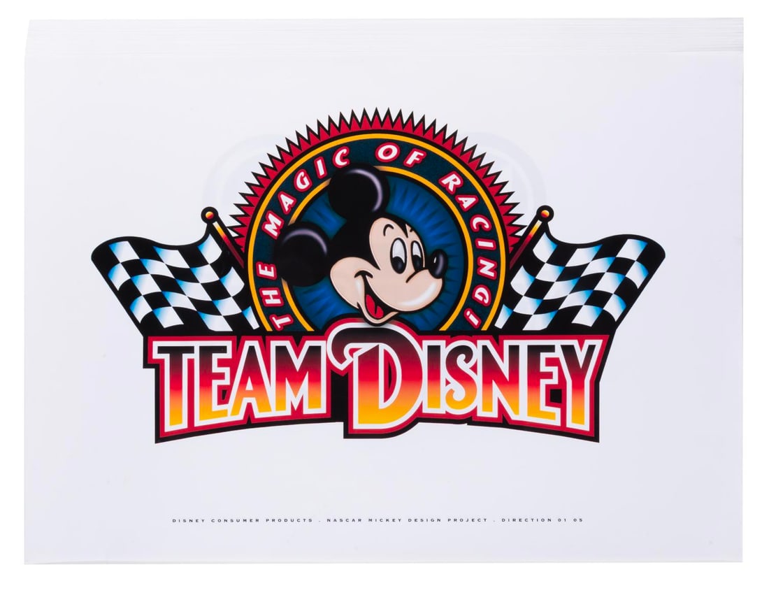 A Disney NASCAR Racing Team Design Collection.: (Disney, 1990s-2000s) A collection of 25 unused Disney Racing Team NASCAR logo designs for Disney Consumer Products. Measuring 16.5" x 23.5", the concepts are in very good condition with creasing,