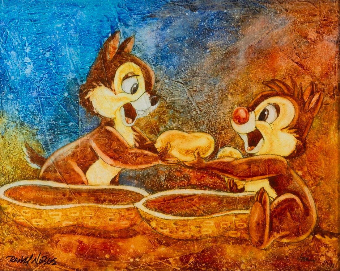 A Chip 'n' Dale "The Gift" Framed Giclee by Randy Noble.: (Disney, 2000s) A framed Chip 'n Dale metallic paper giclee titled "The Gift" by Disney artist Randy Noble. Numbered 14/95 with an image size of 14" x 17.5" in a 23.25" x 27" frame, the signed print