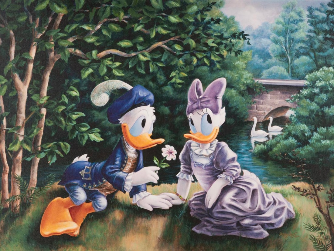 A Donald & Daisy Duck Canvas Print by Maggie Parr.: (Disney, 2006) A framed limited edition canvas print of Donald and Daisy Duck titled "The Gift" by Maggie Parr. Numbered 12/50 with a visible image size of 17.5" x 23.75" in a 23.25" x 29.25" frame, t
