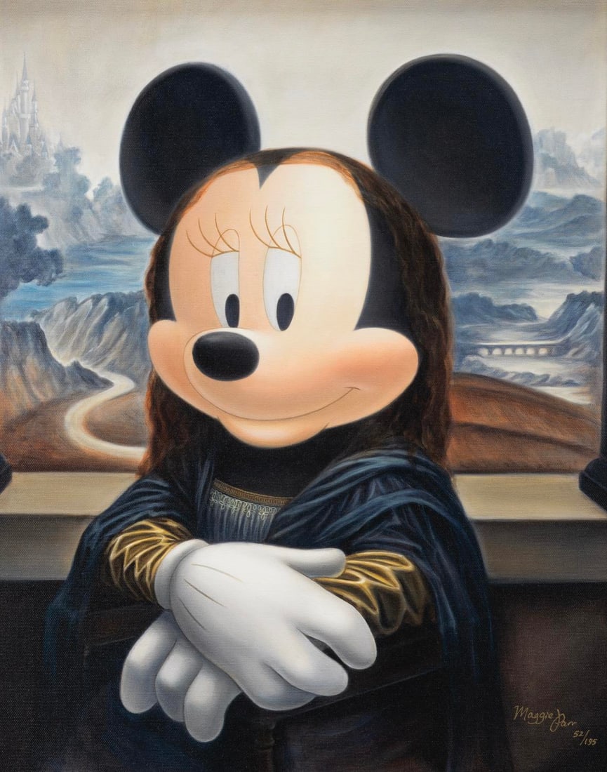 A "Minnie Lisa" Canvas Print by Maggie Parr.: (Disney, 2007) A limited edition canvas print titled "Minnie Lisa" by Disney artist Maggie Parr. Numbered 52/195 and measuring 16" x 20" in a 21.25" x 25.25" frame, the signed print is in fine