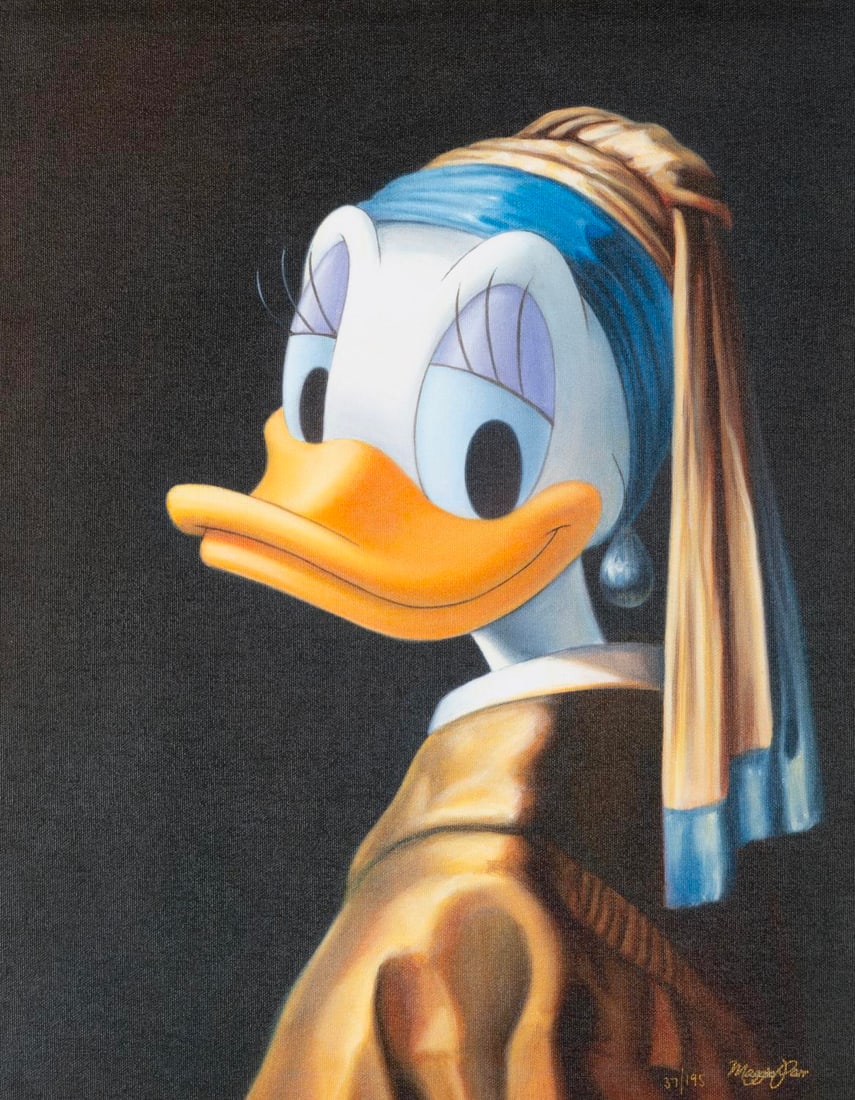 A "Duck with Pearl Earring" Canvas Print by Maggie Parr.: (Disney, 2000s) A limited edition canvas print titled "Duck with Pearl Earring" by Disney artist Maggie Parr. Numbered 37/195 with a visible image size of 15.5" x 19.5" in a 21.25" x 25.25" frame, the