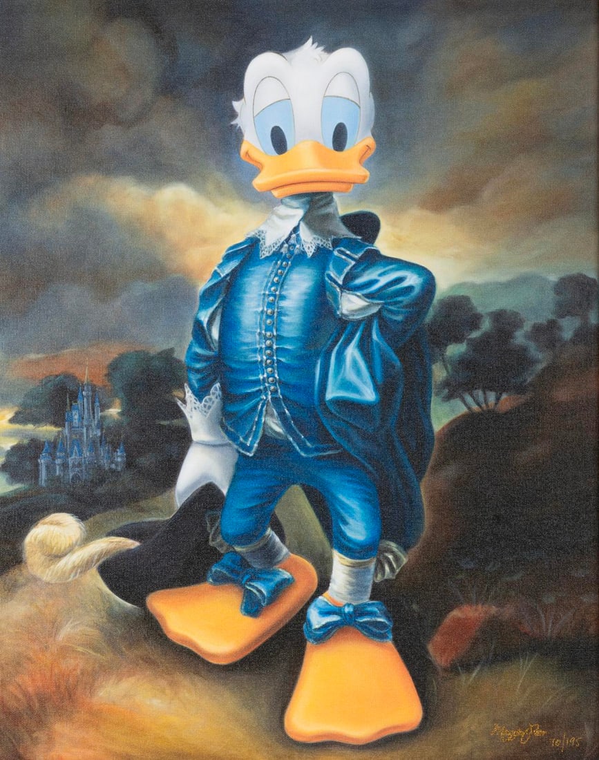 A "Blue Duck" Canvas Print by Maggie Parr.: (Disney, 2000s) A limited edition canvas print of Donald Duck titled "Blue Duck" by Maggie Parr, inspired by the "Blue Boy" by Thomas Gainsborough. Numbered 70/195 with a visible image size of 15.5" x
