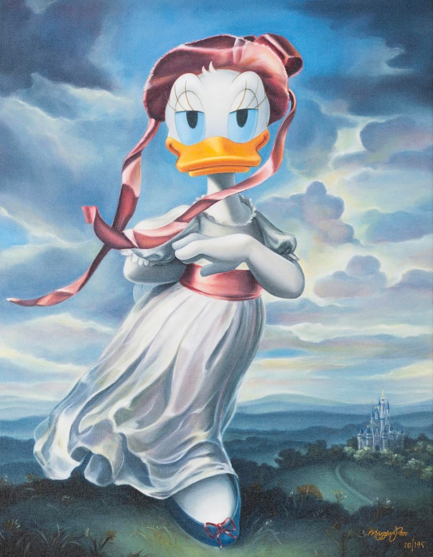 A "Pinky Daisy" Canvas Print by Maggie Parr.: (Disney, 2000s) A limited edition canvas print titled "Pinky Daisy" by Disney artist Maggie Parr, inspired by the Thomas Lawrence painting "Pinkie." Numbered 70/195 with a visible image size of 15.5" 