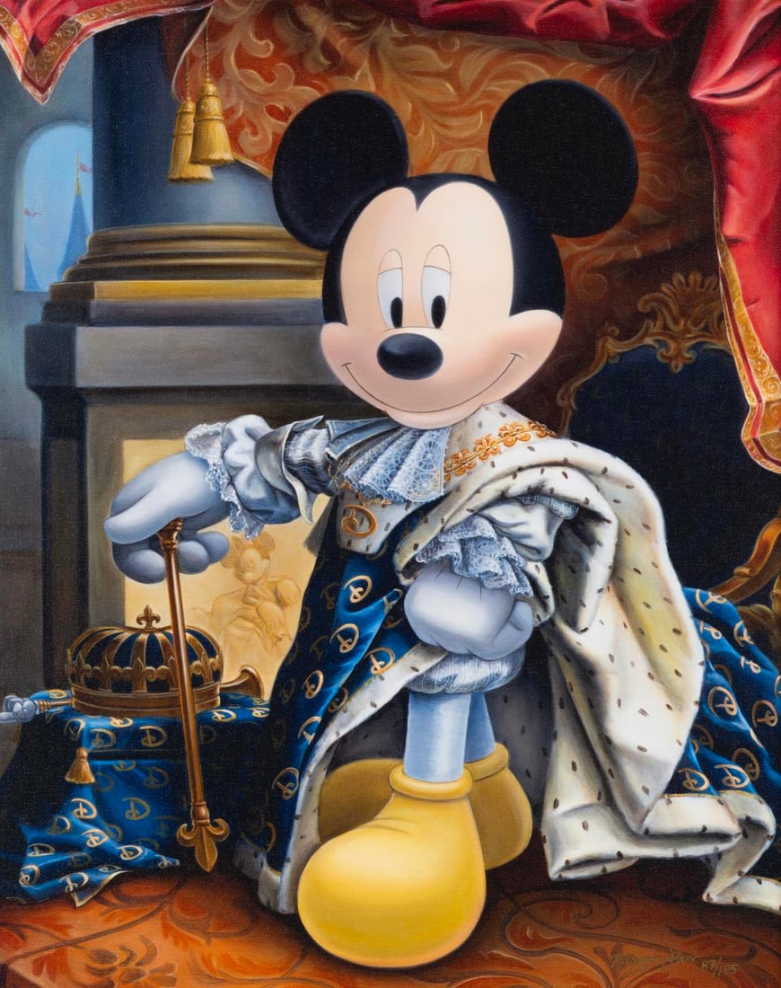 A "King Mickey" Canvas Print by Maggie Parr.: (Disney, 2000s) A limited edition canvas print titled "King Mickey" by Disney artist Maggie Parr. Numbered 87/195 with an image size of 15.5" x 19.5" in a 21.25" 25.25" frame, the signed print is in f