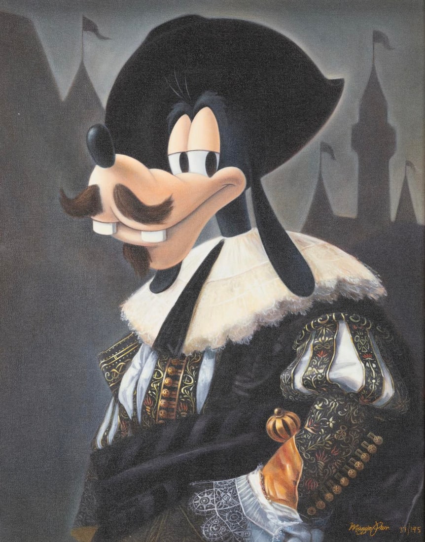 A "Goofy Cavalier" Canvas Print by Maggie Parr.: (Disney, 2000s) A limited edition canvas print titled "Goofy Cavalier" by Disney artist Maggie Parr. Numbered 37/195 with a visible image size of 15.5" x 19.75" in a 21.25" x 25.25" frame, the signed 