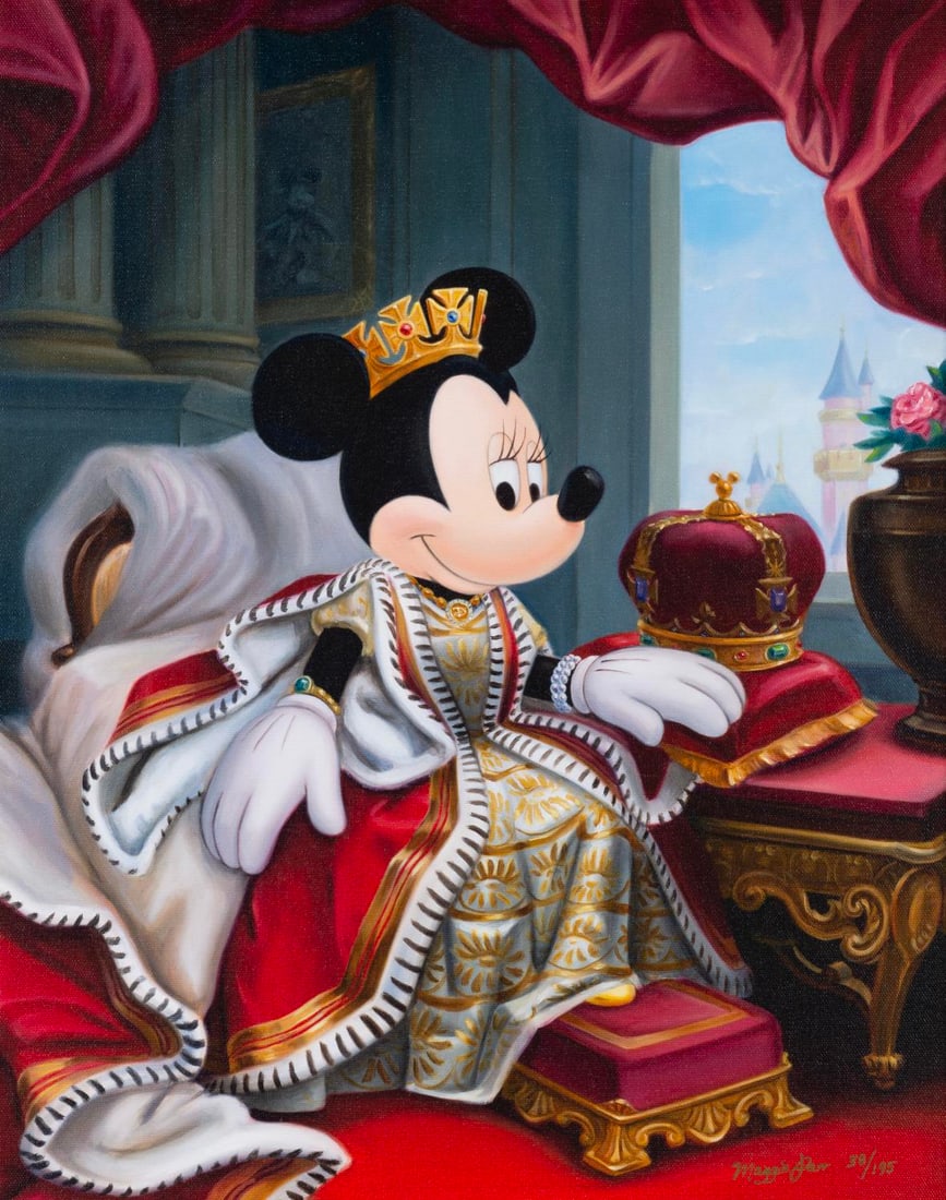 A "Queen Minnie" Canvas Print by Maggie Parr.: (Disney, 2000s) A limited edition canvas print titled "Queen Minnie" by Disney artist Maggie Parr. Numbered 38/195 with an image size of 15.5" x 19.5" in a 21.25" 25.25" frame, the signed Minnie Mouse