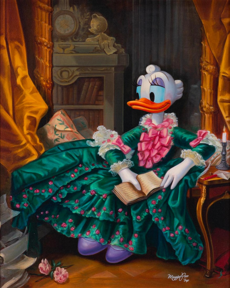 A "Madame Pompiduck" Canvas Print by Maggie Parr.: (Disney, 2000s) A limited edition canvas print of Daisy Duck titled "Madame Pompiduck" by Disney artist Maggie Parr. Numbered 1/195 with a visible image size of 15.5" x 19.5" in a 21.25" x 25.25" fram