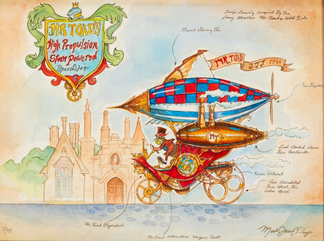 A "Mr. Toad" Steampunk Canvas Print by Mark Page.: (Disney, 2000s) A limited edition canvas print titled "Mr. Toad's High Propulsion Steam Powered Speedster" by Disney artist Mark Page. Numbered 1/95 and measuring 15.75" x 21.25" in a 21.5" x 27" fram