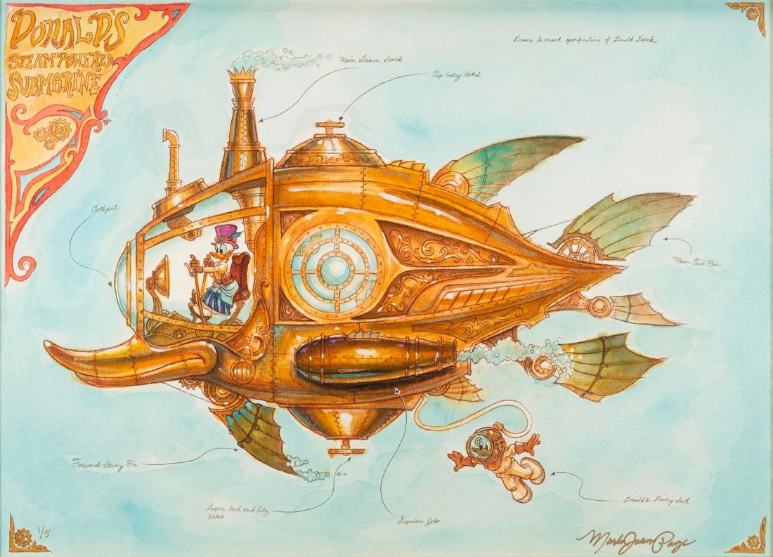 A Steampunk Donald Duck Canvas Print by Mark Page.: (Disney, 2000s) A framed hand-embellished mixed media print on canvas titled "Donald's Steam Powered Submarine" by Disney artist Mark Page. Numbered 1/5, the signed steampunk canvas print measures 13"