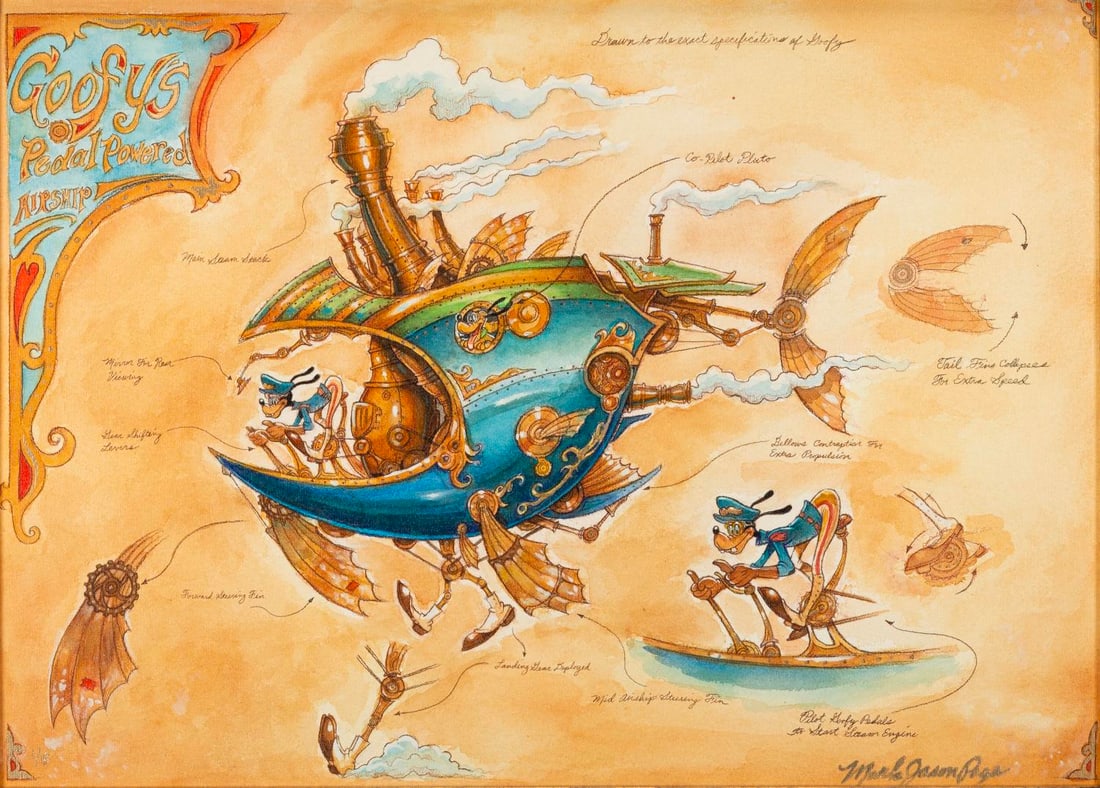 A Steampunk Goofy Canvas Print by Mark Page.: (Disney, 2000s) A framed hand-embellished print on canvas titled "Goofy's Pedal Powered Airship" by Disney artist Mark Page. Numbered 1/5, the signed steampunk canvas print measures 17.25" x 23.75" in