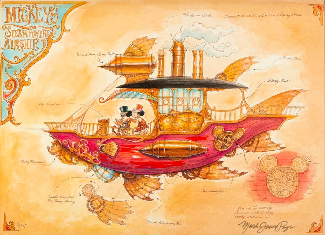 A "Mickey's Steampowered Airship" Canvas Print by Mark Page.: (Disney, 2000s) A limited edition canvas print titled "Mickey's Steam Powered Airship" by Disney artist Mark Page. Numbered 5/95 and measuring 15.5" x 21.25" in a 21.25" x 27" frame, the signed canvas