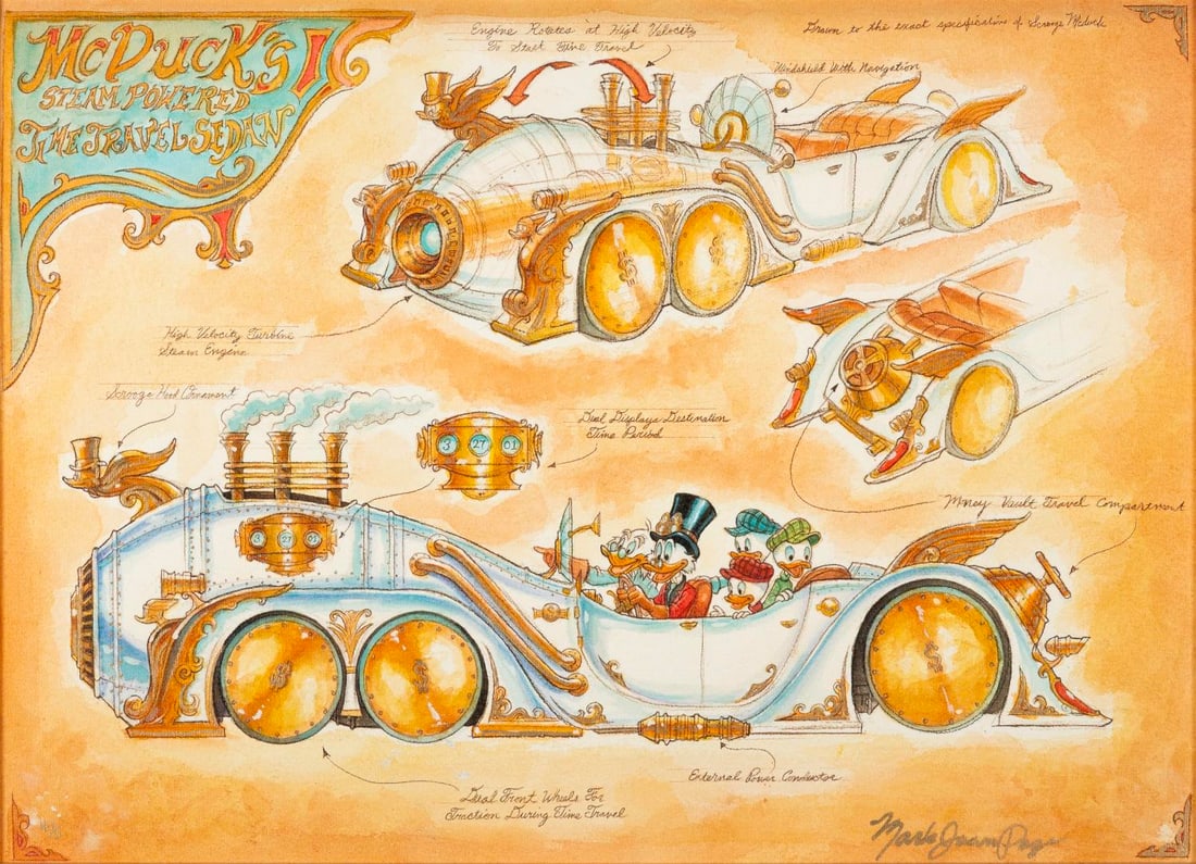 A Steampunk Scrooge McDuck Artist Proof Canvas Print.: (Disney, 2000s) A framed hand-embellished mixed media print on canvas titled "McDuck's Steam Powered Time Travel Sedan" by Disney artist Mark Page. The signed canvas print of Scrooge McDuck and family