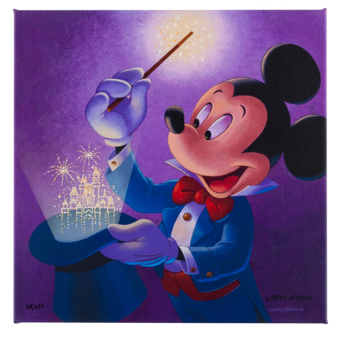 A "Magical Mickey" Canvas Print by Larry Nikolai.: (The Art of Disney, 2000s) A limited edition canvas print titled "Magical Mickey" by Walt Disney Imagineer Larry Nikolai. Numbered 68/250, and measuring 12" x 12", the signed canvas is in fine conditi