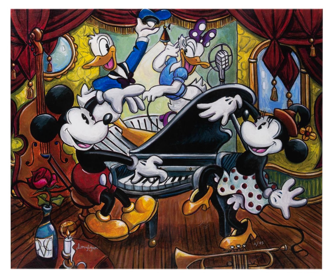 A "Rhythm and Blues" Canvas Print by Amy Lynn.: (Disney, 2000s) A limited edition canvas print of Mickey Mouse, Minnie, Donald Duck, and Daisy titled "Rhythm and Blues" by Amy Lynn for Disney Fine Art. Numbered 2/95 and measuring 20" x 24", the sig