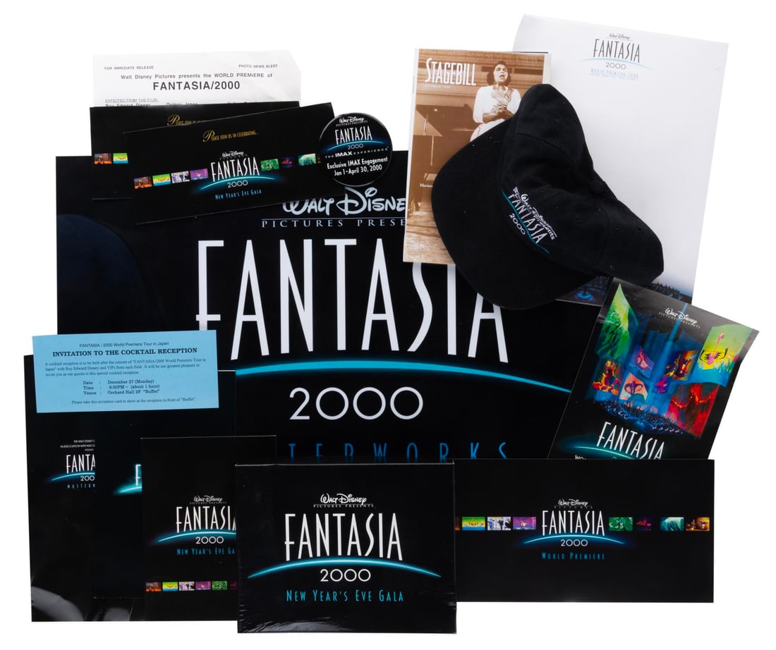 A Collection of "Fantasia 2000" Premiere and Event Memorabilia.: (Disney, 1999) A collection of "Fantasia 2000" event and premiere memorabilia including invitations, announcements and programs, a baseball hat, mini poster, button, silver picture frame and a ?" stac