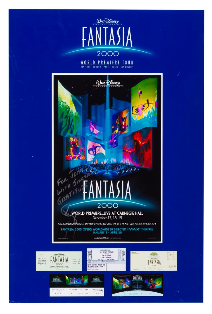 A Roy E. Disney Signed "Fantasia 2000" World Premiere Tour Poster.: (Disney, 2000) A commemorative tour poster for the world premiere of "Fantasia 2000" signed by Roy E. Disney. The poster is foamcore backed and features images of select theater tickets from the tour.