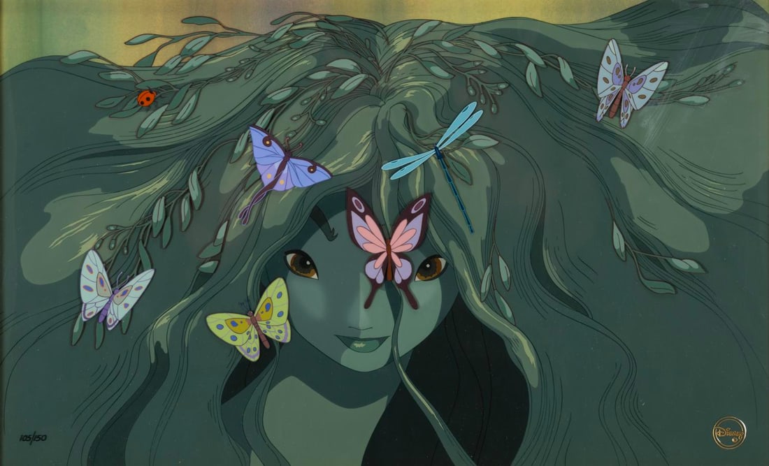 A "Fantasia 2000" Sprite of Spring Limited Edition Cel.: (Disney, 2000) A framed limited edition "Fantasia 2000" hand-painted cel titled "Sprite of Spring." Numbered 105/150 and measuring 10" x 16.5" in a 22.25" x 28.75" framed matte, the cel is in fine con