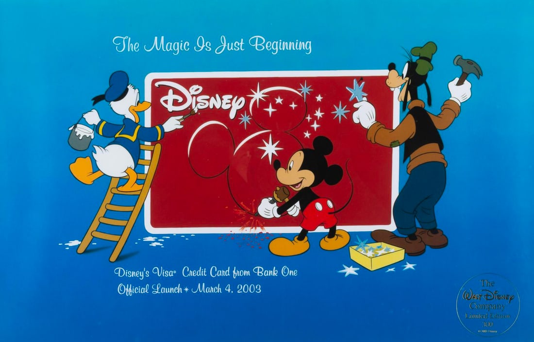 A Disney Credit Card Launch Limited Edition Print.: (Disney, 2003) A commemorative print featuring Mickey Mouse, Donald Duck, and Goofy from the launch of Disney's Visa Credit Card from Bank One on March 4, 2003. Released in a limited edition of 300 an