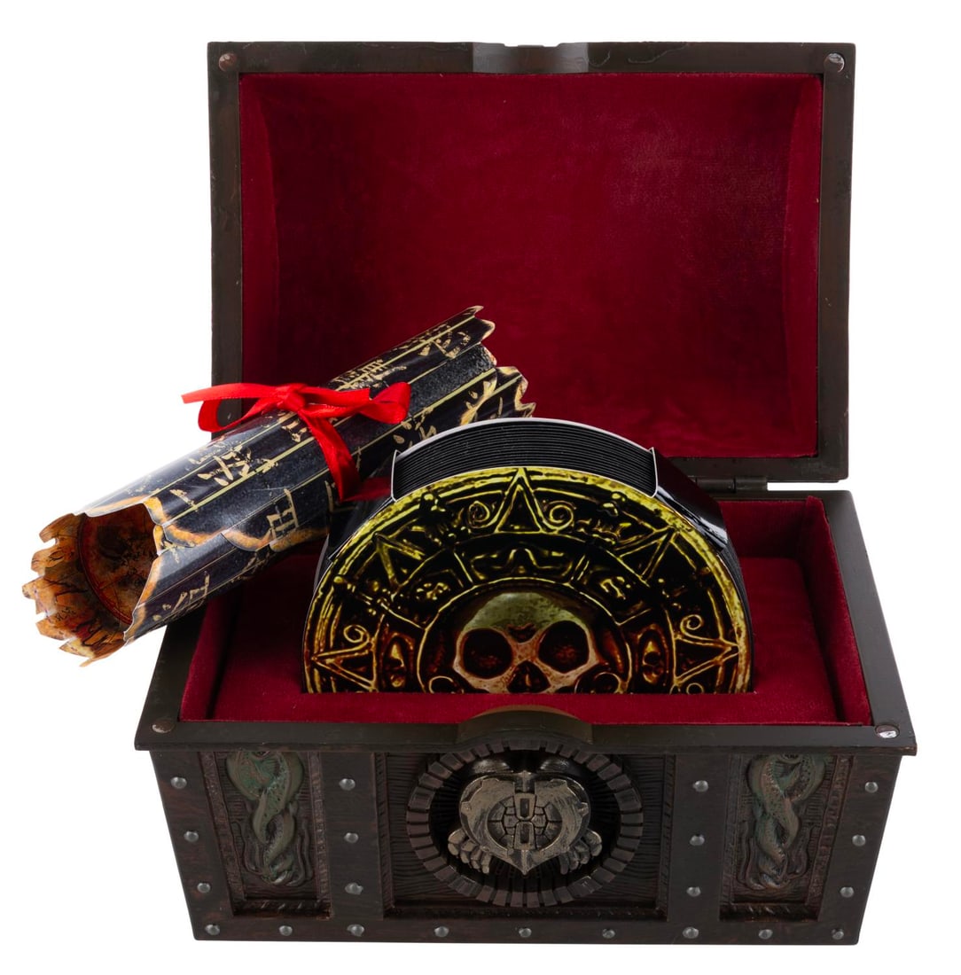 A "Pirates of the Caribbean" 4-Movie Blu-ray & DVD Set.: (Disney, 2011) A 15-disc "Pirates of the Caribbean" Blu-ray set including the first four films in the franchise: "The Curse of the Black Pearl," "Dead Man's Chest," "At World's End," and "On Stranger 