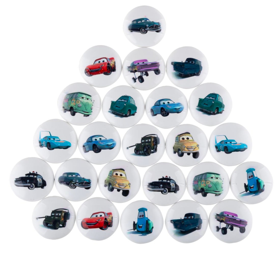 A Set of "Cars" Furniture Knobs.: (Disney, 2000s) A set of 24 ceramic "Cars" character furniture knobs. Included are two knobs each of twelve different characters, with 24 matching bolts. Each measuring 1.5" in diameter, the knobs