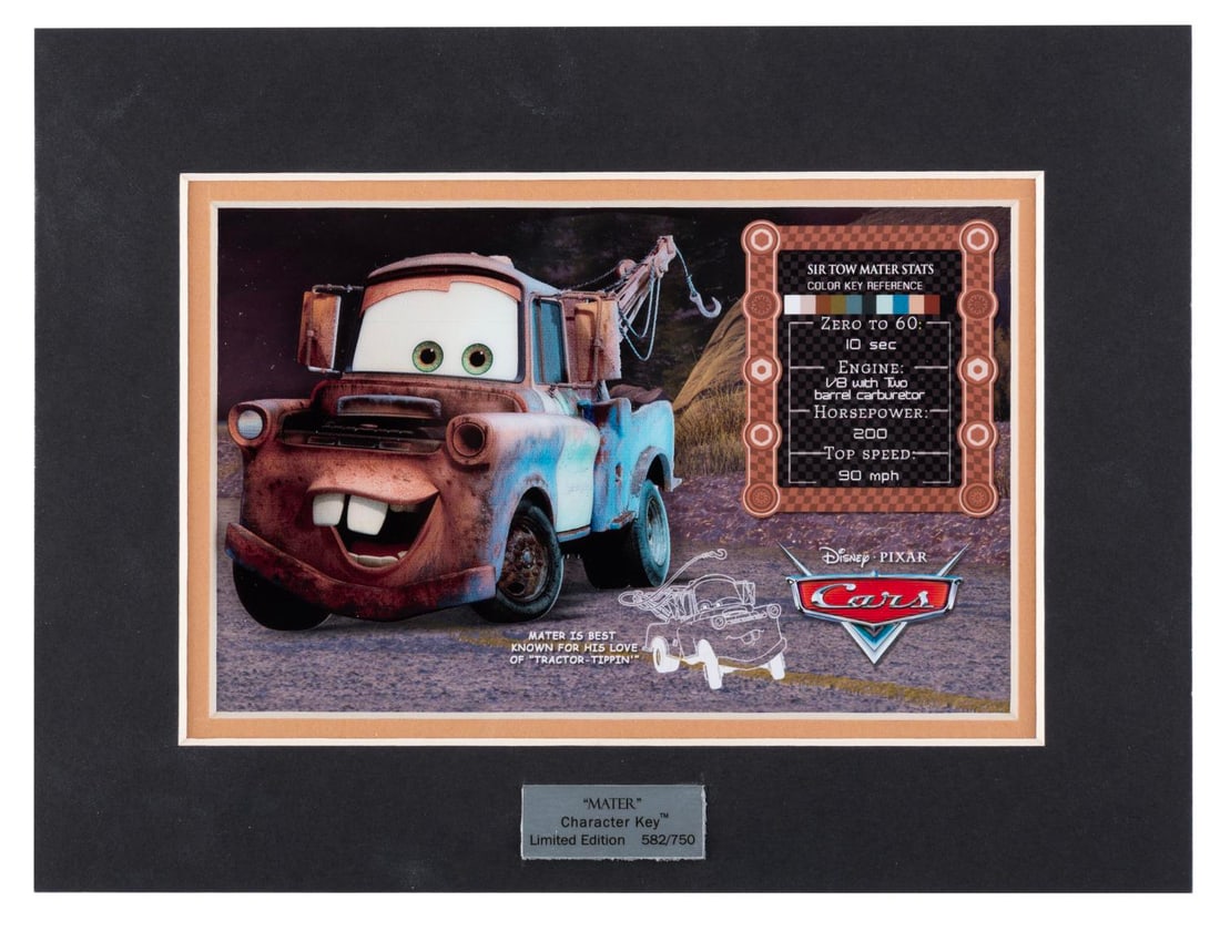 A "Mater" Character Key Laser Art Cel.: (Acme Archives, 2012) A limited edition laser character key cel of Mater from "Cars." Numbered 582/750, the cel is matted and features Mater's stats and a color background. Measuring 8" x 6" overall,