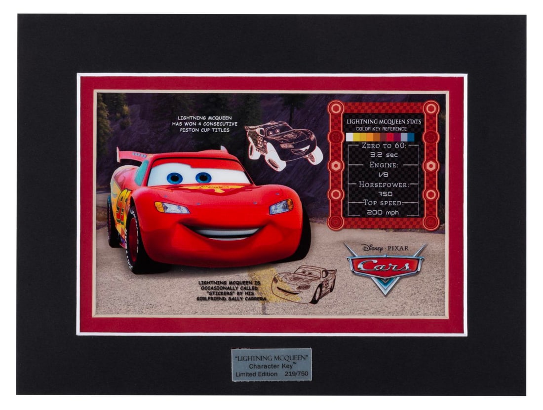 A "Lightning McQueen" Limited Edition Character Key Cel.: (Acme Archives, 2012) A matted Character Key Laser Cel of Lightning McQueen, released in a limited edition of 750. Numbered 219/750, the cel measuring 6" x 8" is in fine condition.