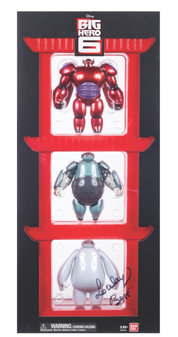 A Set of Big Hero 6 Figures Signed by Lorelay Bove.: (BanDai, 2015) A limited edition Big Hero 6 Baymax (3) figure set, signed by Development Artist Lorelay Bove. Released exclusively at the 2015 D23 Expo , each figure measures between 3.75"and 4.25".